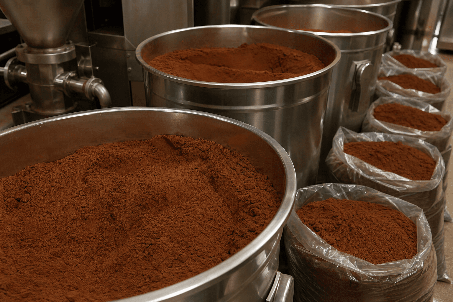 Poudre de cacao fine dans des contenants industriels en inox