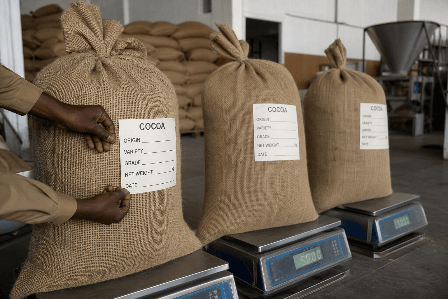 Sacs de cacao sur balance industrielle avec étiquettes génériques