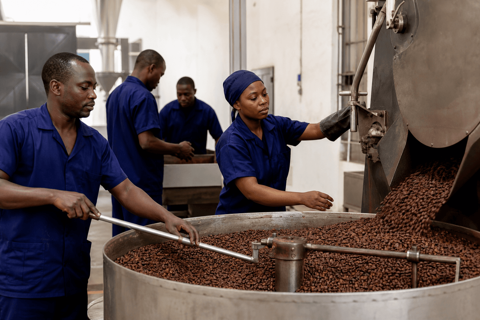 Team on a cocoa processing line in Africa